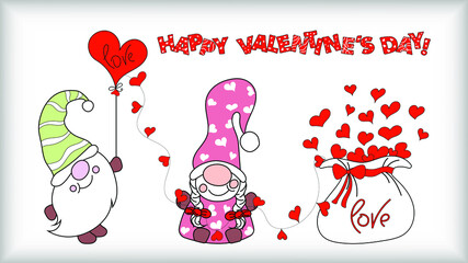 Hand drawn illustration for Valentine's Day. The gnome gives his heart. Good for background, banner, postcard, gift certificate. Design element, vector illustration.