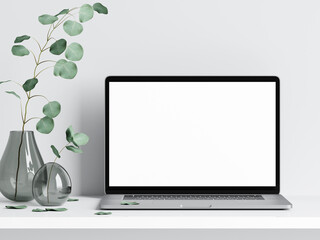 laptop with plant, screen mockup, 3d render