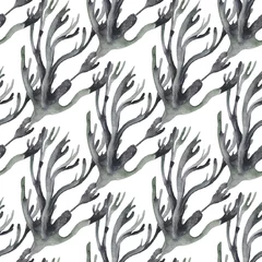 Foto op Plexiglas Grijs Koraal zeewier mariene planten naadloze patroon. Zee rif algen achtergrond. Onderwater hand getekende flora ontwerp.