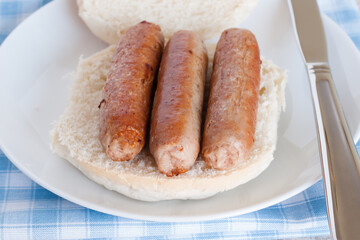 Sausage sandwich or sausage bap a popular British breakfast snack