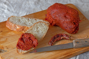 Bread with nduja, a typical spicy Calabrian sausage.