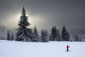 Skier in red on a beautiful foggy landscape