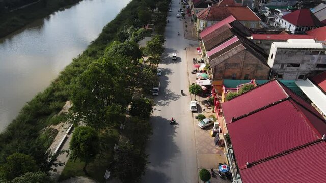 Aerial view of Battambang French district along the river, Cambodia.