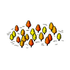 Autumn Trees for map. Doodle Yellow-red forest. Sketch park area. Hand drawn outline illustration