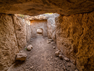 Dolmen in Alicun: an excavated prehistoric grave in the Gorafe Megalithic Park, Andalusia, Spain
