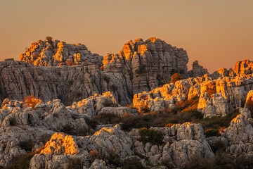 Sunrise over the limestone karst landscape of El Torcal de Antequera, Spain
