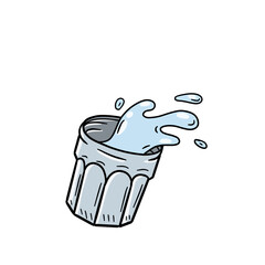 Shot Glass with vodka. Splashes of water from glass. Glassware in motion. Hand drawn illustration. Bar and alcohol