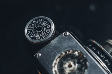Soviet old film camera with manual lens. Retro photo equipment. Selective focus