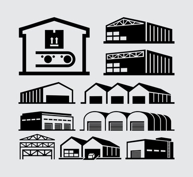 Warehouse Buildings Vector Icons Set
