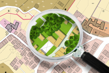Searching new home - concept with an imaginary General Urban Plan with buildings, roads and...