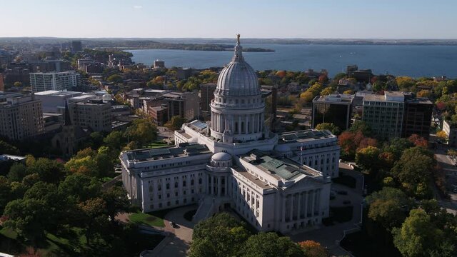 Wisconsin State Capitol Building Surrounded by Autumn Colors in Madison, Wisconsin (Drone - Right to Left)