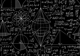 Math and physics vector seamless pattern with many handwritten formulas, figures and calculations
