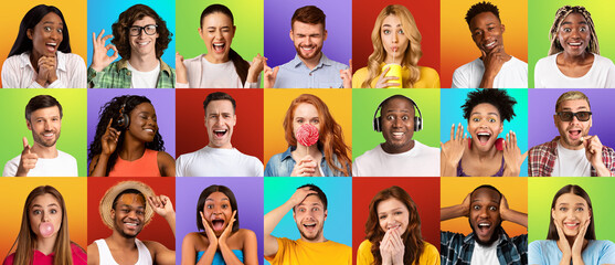 Multiracial young people gesturing and grimacing on colorful backgrounds, collage