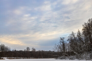 Landscape of the middle latitudes, Russia, a field in the snow in winter