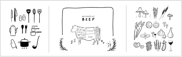 Cooking - meat cut parts, butcher guide "Butcher's Cut Beef" + fresh ingredients + Cooking tool household, utensil kitchenware illustration - Branding Element, recipe book and menu - farm to table