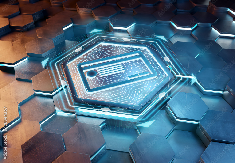 Poster payment card icon concept engraved on metal hexagonal pedestral background. credit card logo glowing