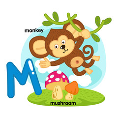 Alphabet Isolated Letter M-monkey-mushroom illustration,vector