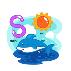 Alphabet Isolated Letter S-shark-sun illustration,vector