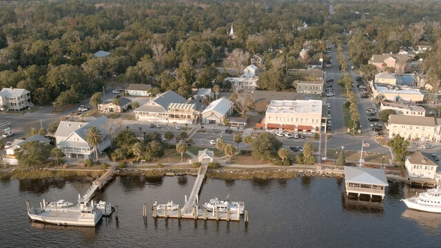 Aerial View Of Downtown St Marys, Georgia And The St Marys River At Sunset.