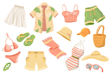 Summer clothing cute stickers isolated set. Collection of skirt, shirt, short, swimsuit, towel, slippers, sunglasses, accessory. Sea resort vacation clothes. Illustration in flat cartoon design