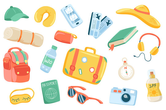 Travel accessory cute stickers isolated set. Collection of smartphone, ticket, book, headphones, suitcase, compass, sunscreen, camera, passport, backpack. Illustration in flat cartoon design