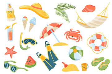 Summer vacation cute stickers isolated set. Collection of sunscreen, hat, palm, shell, hammock, ice cream, umbrella, crab, lifebuoy, starfish, sunglasses. Illustration in flat cartoon design