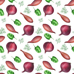 Onion and dill seamless pattern. Hand painted watercolor