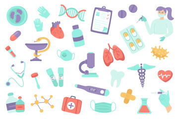 Medical clinic isolated objects set. Collection of vaccination, medications, treatment, heart, lungs, laboratory glassware, medicine symbols. Illustration of design elements in flat cartoon