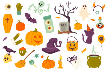 Halloween holiday isolated objects set. Collection of pumpkin, cemetery, witch hat, candy, cat, skeleton, bat, coffin, zombie, spider, ghost. Illustration of design elements in flat cartoon