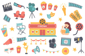 Cinema isolated objects set. Collection of clapper, 3d glasses, camera, popcorn, oscar statuette, tickets, spectator, festival cinematography. Illustration of design elements in flat cartoon