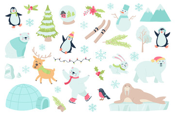Winter time and animal isolated objects set. Collection of penguin, reindeer polar, bear, snowflake, snowman, mountains, garland, bird, rabbit. Illustration of design elements in flat cartoon