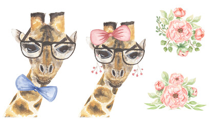 Watercolor Cute Giraffe Portrait Clipart, fashion animals face clipart, Summer Party Clipart, peony flowers bouquet, Floral elements, Kids Birthday, Baby shower graphics, Birthday card