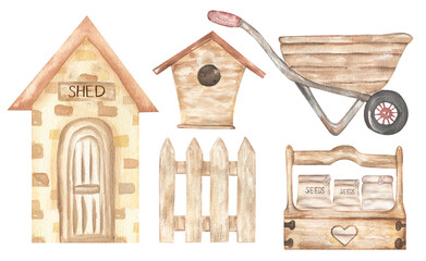 Watercolor Gardening Clipart, Garden tools Scene Creator set, shed illustration, fence, cart, bird house,  Rustic Garden, box with seeds, Farmhouse elements