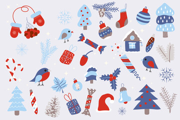 Christmas and winter holiday isolated elements set. Collection of mittens, rowan, bird, tree, spruce, bump, sock, candy, toys and other. Xmas compositions. Illustration in flat cartoon design
