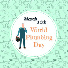 World Plumbing Day over Seamless pattern with plumber work construction tools.