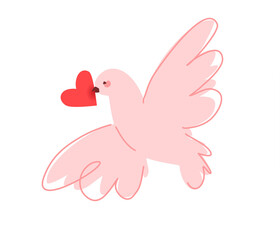 Love letter vector illustration concept.Valentines Day mailing template or banner. Flying cute dove with small heart