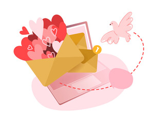 Love letter vector illustration concept.Valentines Day mailing template or banner. Laptop with open envelope, small hearts and cute dove