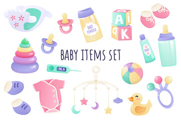 Baby items icon set in realistic 3d design. Bundle of diaper, pacifier, powder, cream, bottle, clothes, toys and other. Newborn accessory collection. Illustration isolated on white background
