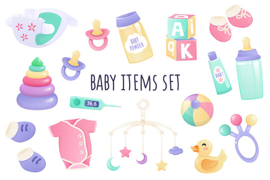 Baby items icon set in realistic 3d design. Bundle of diaper, pacifier, powder, cream, bottle, clothes, toys and other. Newborn accessory collection. Illustration isolated on white background