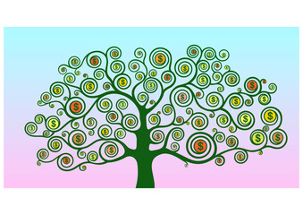 Money tree on a pink and blue background with gold dollar coins on spiral branches symbolizes a dream and the desire for wealth