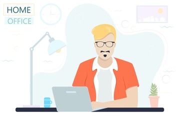 Vector poster with a man and a laptop. Office worker. Flat design.