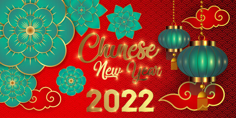 Naklejka premium Happy Chinese New Year 2022. Paper cut flowers, clouds and hanging lanterns.