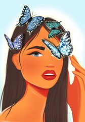 Bright portrait of a girl and butterflies