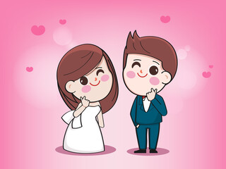 Cartoon bride and groom on wedding background of pink hearts.