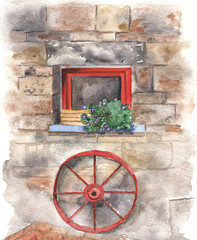 Architecture old wall with red window and red wooden wheel. Watercolor romantic illustration.