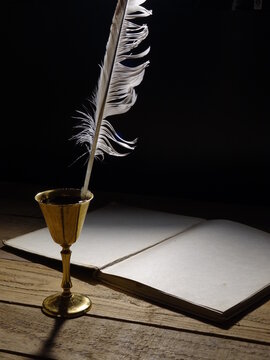 quill, inkwell and blank book