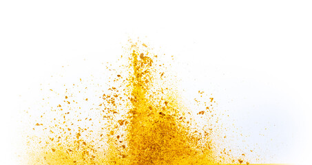 Explosion of yellow, golden color, fluid and neoned powder on white studio background with copy space