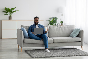 Smiling attractive millennial african american man sits on sofa drinking coffee from cup and works on pc alone