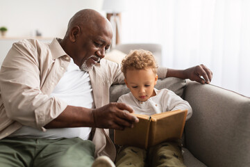 African American Grandpa And Grandson Reading Book Together At Home
