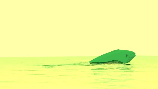 Bright yellow abstraction.Design.A yellow futage with a river on which a small green whale dives and swims.